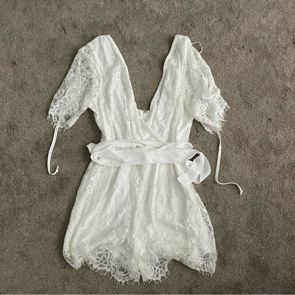 Open back, short sleeve, white, lace romper